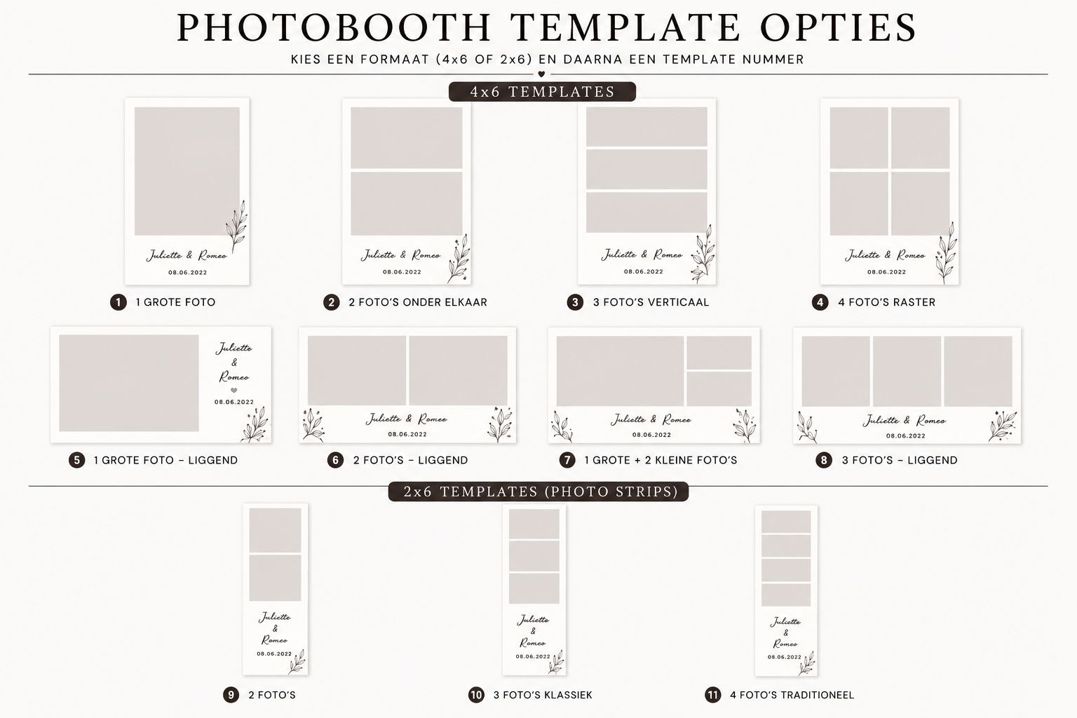 Overzicht van photobooth template opties: 4x6 en 2x6 formaten met verschillende lay-outs